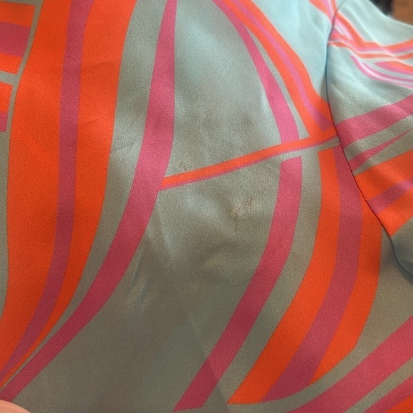 La Roque Park 100% silk blue, coral, and pink top with statement sleeves - Picture 9 of 12